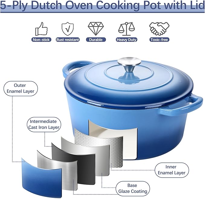 E-far Dutch Oven Pot with Lid, 5 Quart Enameled Cast Iron Round Dutch Oven - Image 4