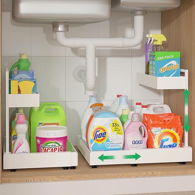 REALINN Under Sink Organizer Pull Out, L-Shaped 2 Tier Cabinet Organizer by REALINN