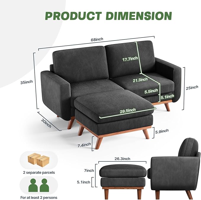 Vesgantti 68" Loveseat Sofa with Movable Ottoman, Comfy Corduroy Couch w...