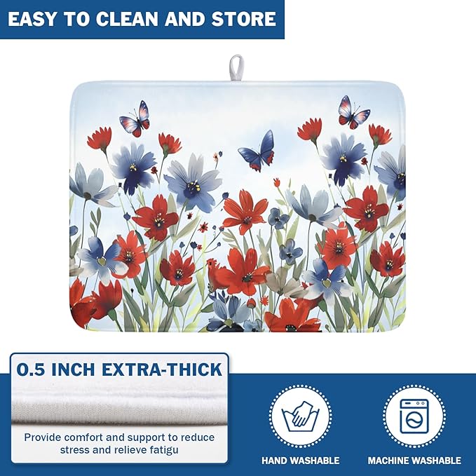 4th of July Dish Drying Mat for Kitchen Counter 18 x 24 Inch Patriotic Floral - Image 5