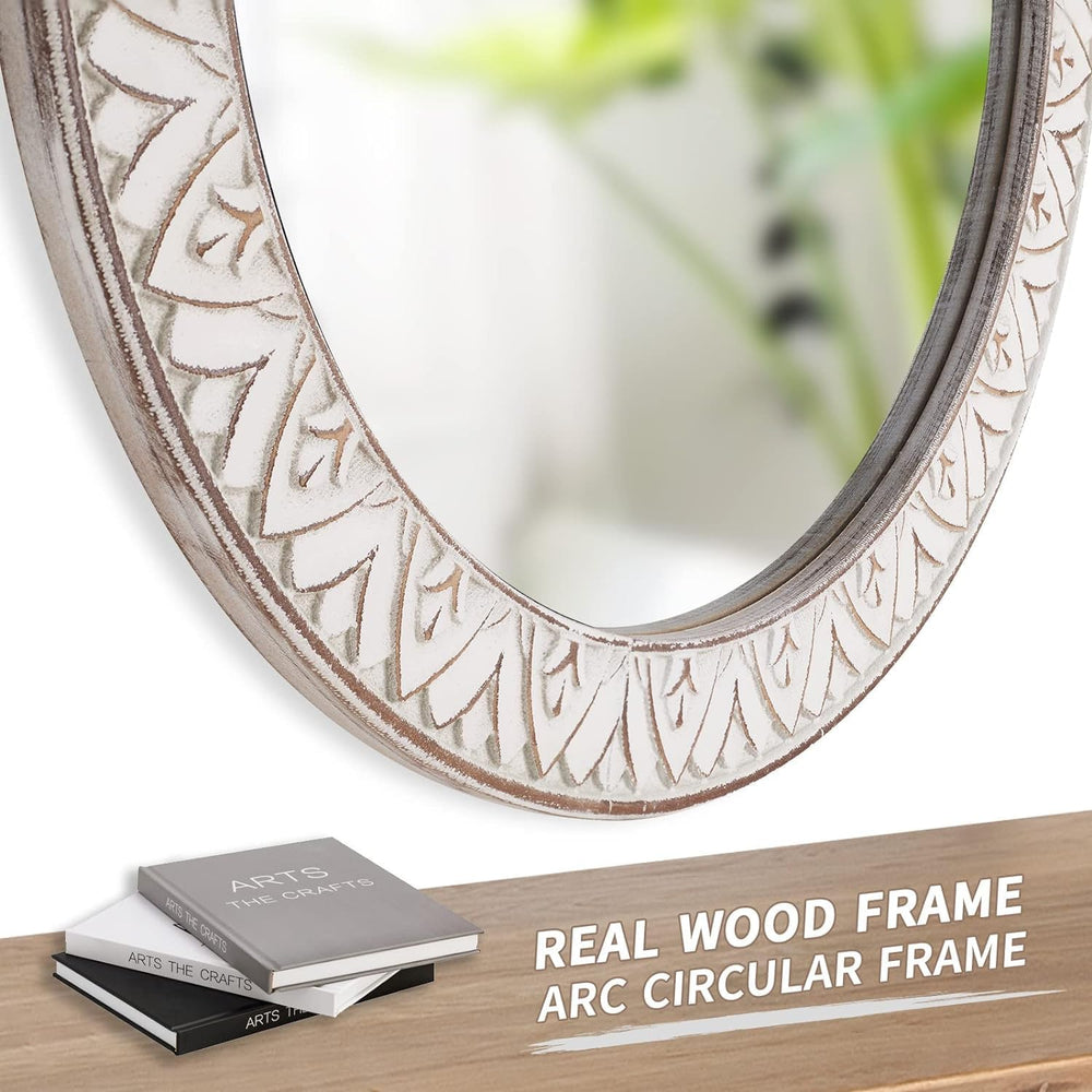 24" Round Mirror Farmhouse Wooden Frame Circle Mirrors, Rustic Decorativ...
