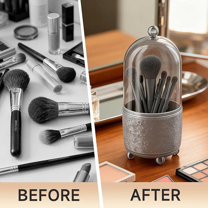 Makeup Brush Holder with Lid, Cosmetic Tools Organizer with Cover, 360° - Image 3