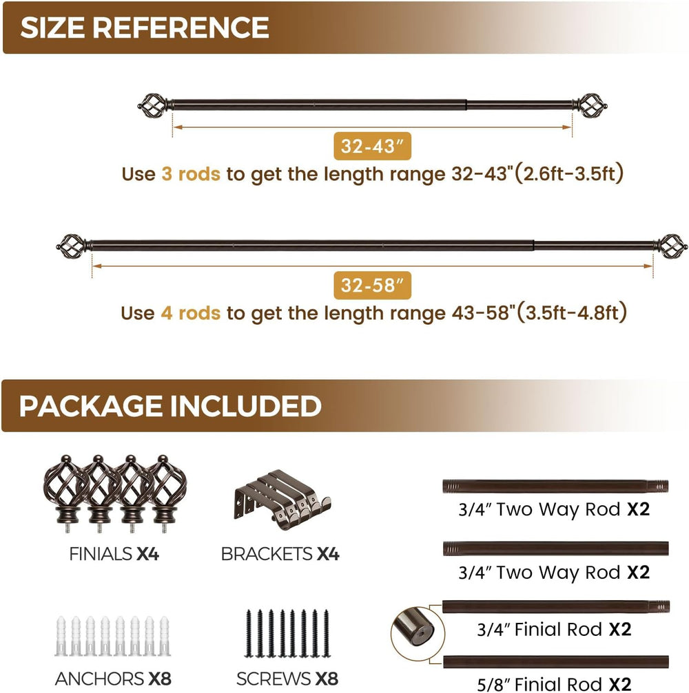 KAMANINA 2 Pack Curtain Rods 32 to 58 Inch, Adjustable Single Rod, Bronze