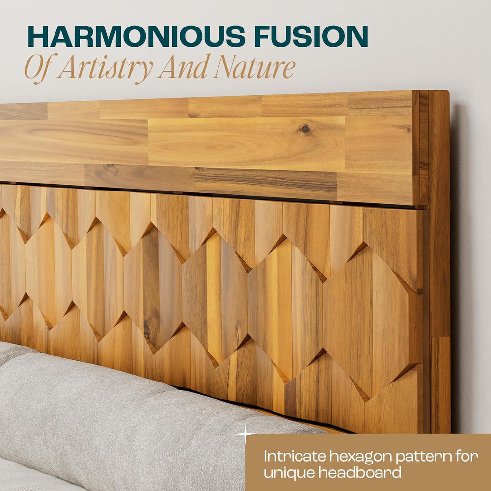 Bme Georgina Queen Bedframe, Geometric Headboard, Mid Century, Teak Brown