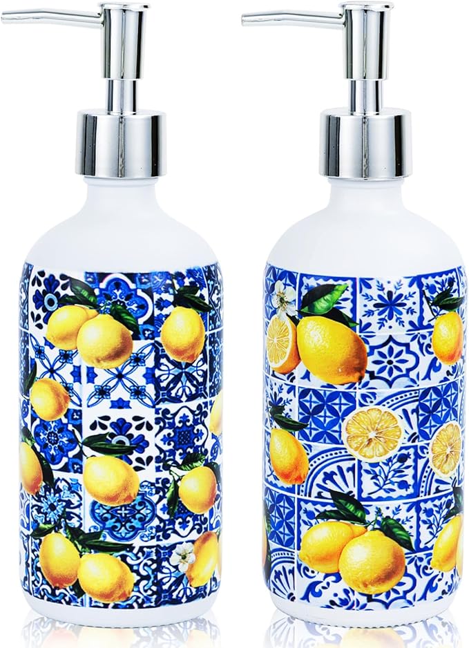 2 Pcs Blue Tiles Lemon Soap Dispenser Blue Tile Yellow Capri Lemon Glass by Ouvibor
