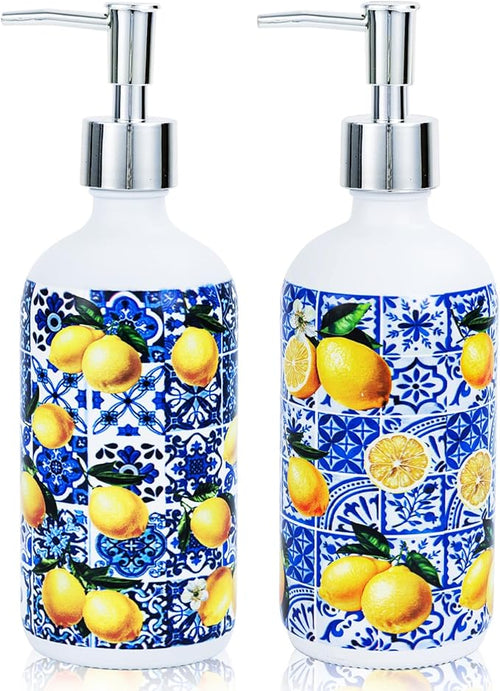 2 Pcs Blue Tiles Lemon Soap Dispenser Blue Tile Yellow Capri Lemon Glass by Ouvibor