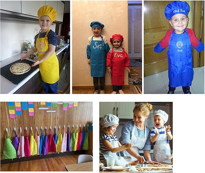 Kids Apron Set Chef Hat Sleeve Outfit Costume Toddler Girl Boy Aprons Cooking - Image 6