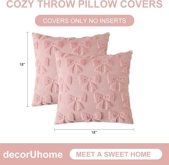 decorUhome Pink Bow Pillow Covers Set of 2 Coquette Aesthetic Cute Preppy Plush - Image 7