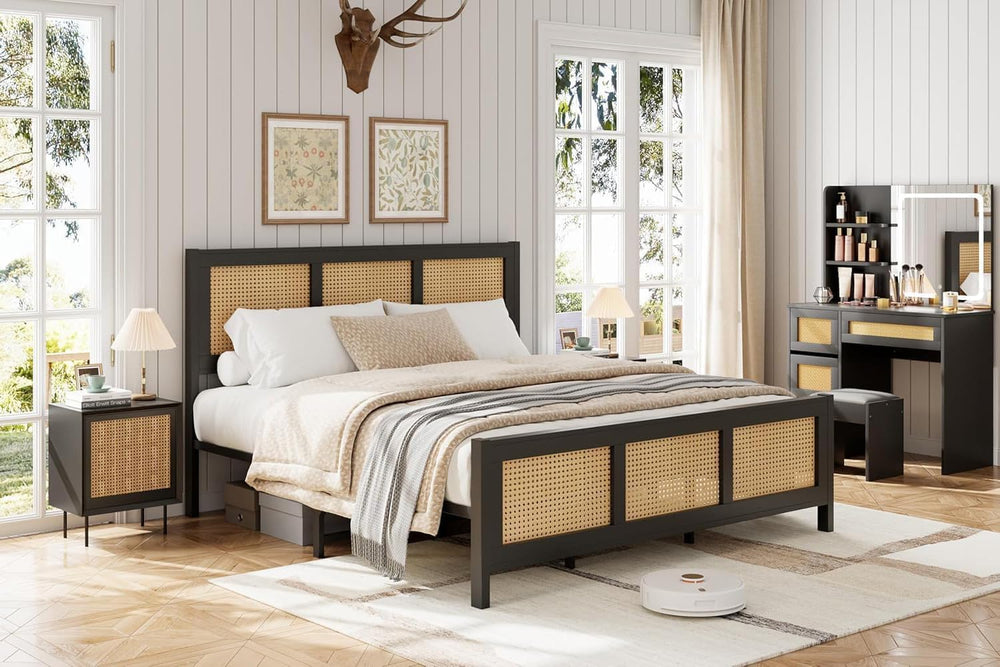 IDEALHOUSE Rattan Bed Frame with Headboard, Boho Full Size Bed Frame, Black