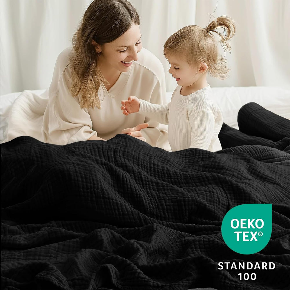 100% Cotton Muslin Blanket for Adults, 6-Layer Twin Throw, 60 x 80, Black