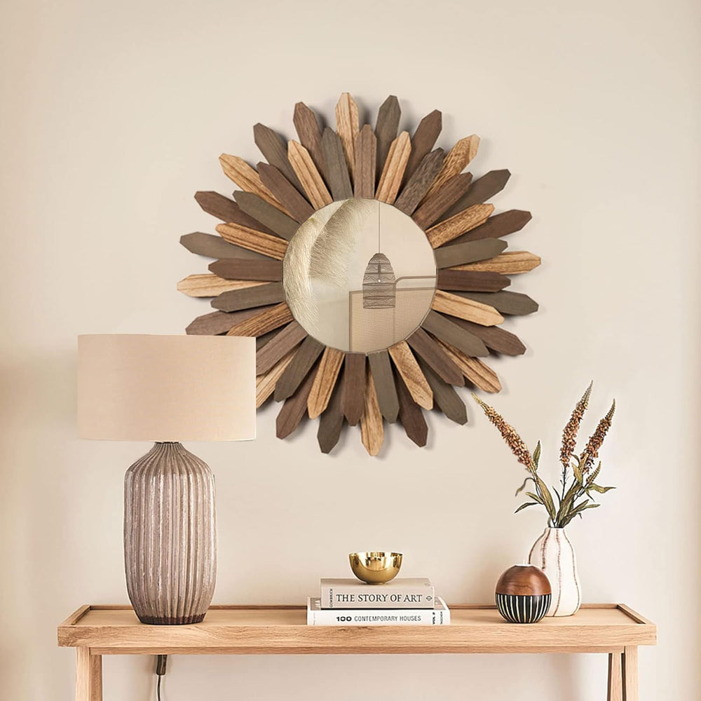 Honiway Boho Wall Decor 21 inch Wall Mirror Rustic Wood Decorative Mirror for...