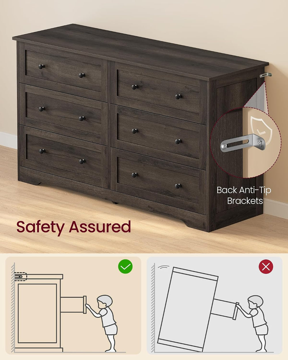 VASAGLE 6-Drawer Dresser, Chest of Drawers, 47.2 x 15.7 x 30.7 in