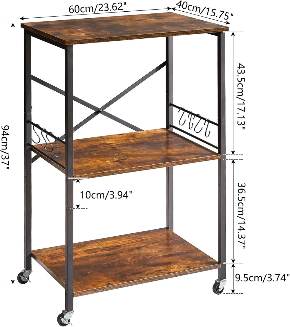 IBUYKE Kitchen Shelf Cart, 3-Tier Microwave Oven Stand, Baker’s Rack with Met...