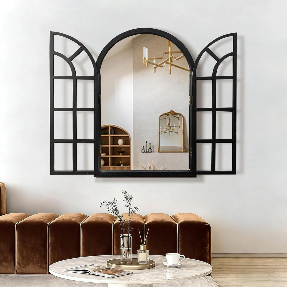 Arched Wall Mirror with Windowpane, 26"x38" Black Wood Mirror for Wall