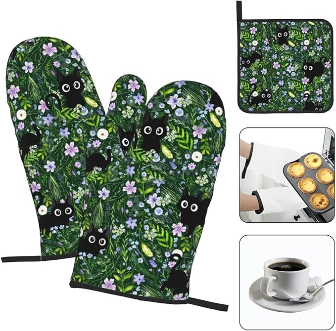 Spring Funny Black Cat Hot Pads and Oven Mitts Heat Resistant, Cute Cat Lover & - Image 3