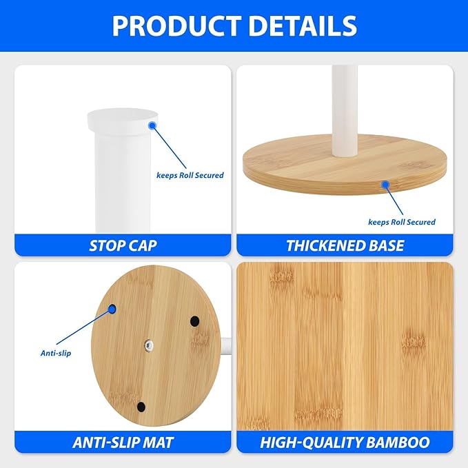 Wooden Paper Towel Holder Countertop, Non-Slip Base, Stainless Steel, - Image 3