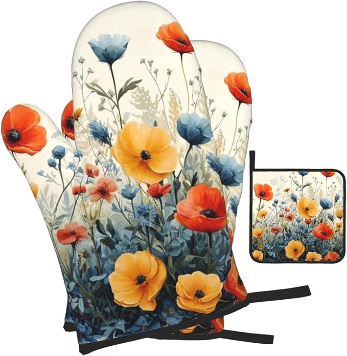 Colorful Wildflower Oven Mitts and Pot Holders Set of 3, Heat Resistant Non - Image 2