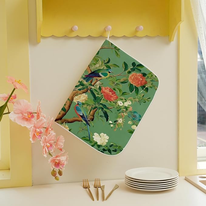 Chinoiserie Dish Drying Mat 18 x 24 Inch Vintage Green Bird Floral Drying Mat - Image 5