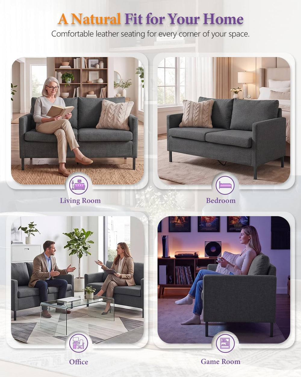 51'' Dark Grey Small Couch Loveseat, 2-Seater Linen Sofa