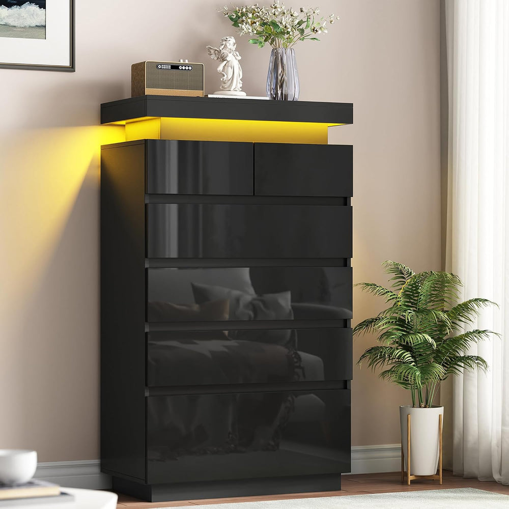 51" Tall Gloss 6 Drawer Dresser with Adjustable LED Light, Black