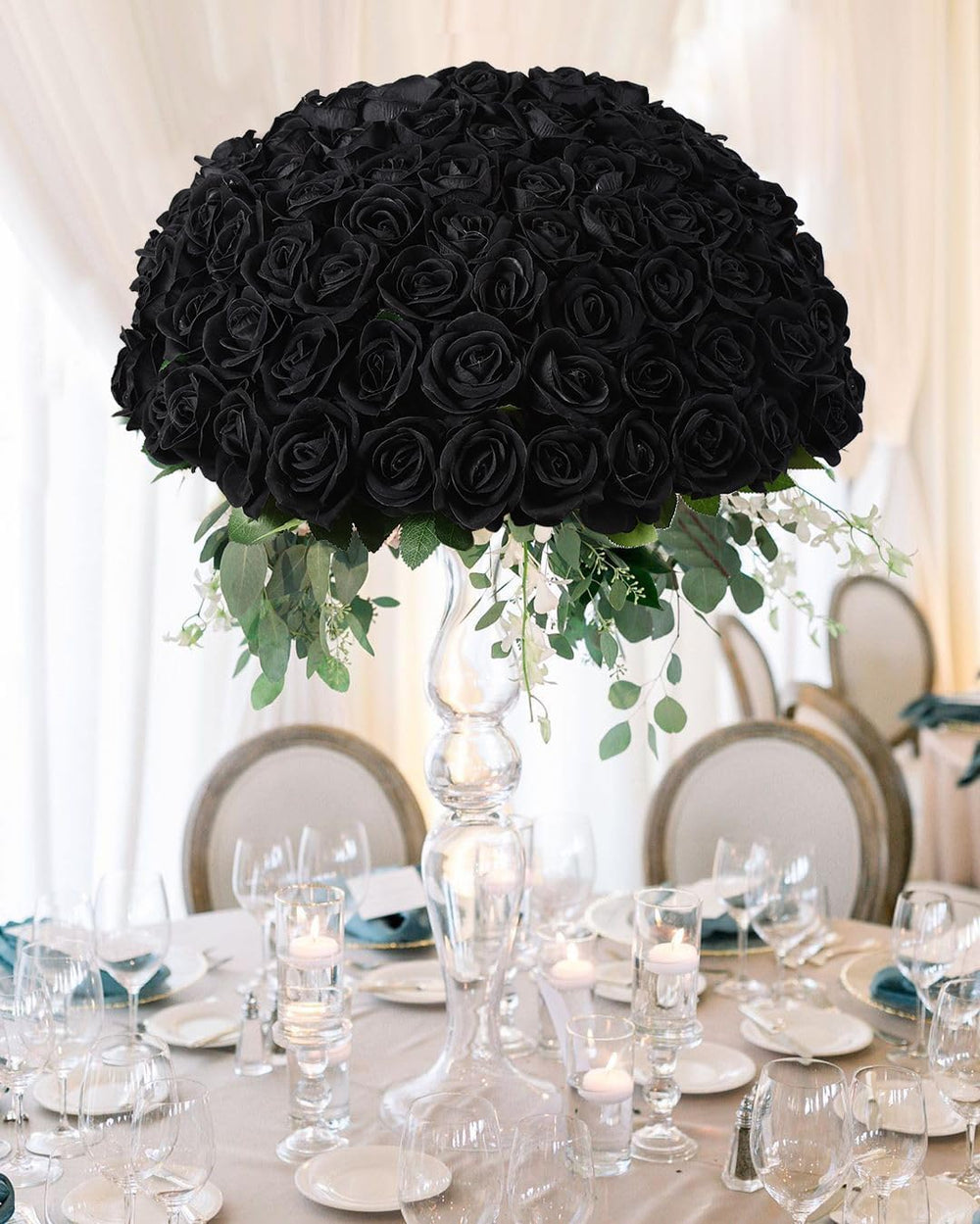 DuHouse 50Pcs Black Roses Velvet Silk Artificial Flowers Bulk