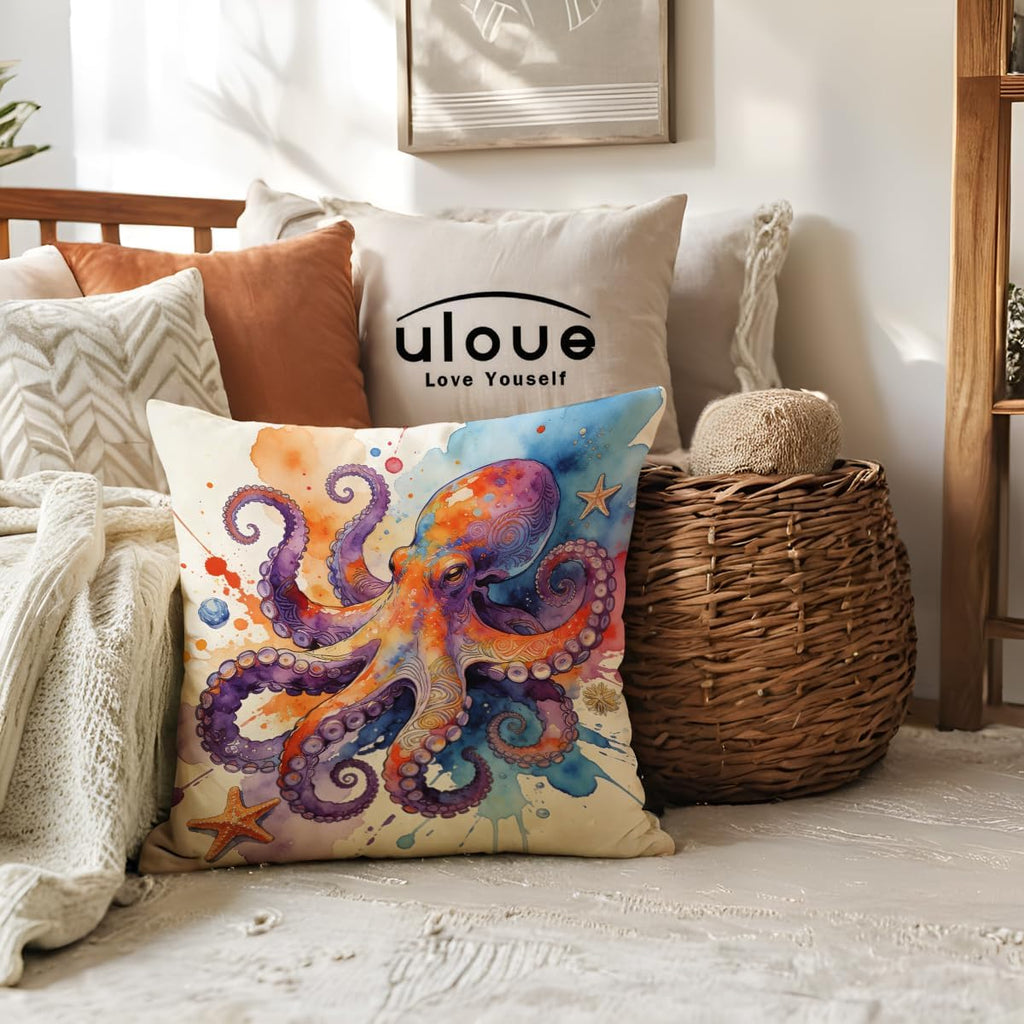 Marine Life Throw Pillow Case Turtle Octopus Seahorse Whale Decorative Pillowcases Coastal Ocean Cushion Covers 18 X 18 Inch,4Pack Nautical Pillow Covers for Summer Beach House Decor(Purple/Blue)