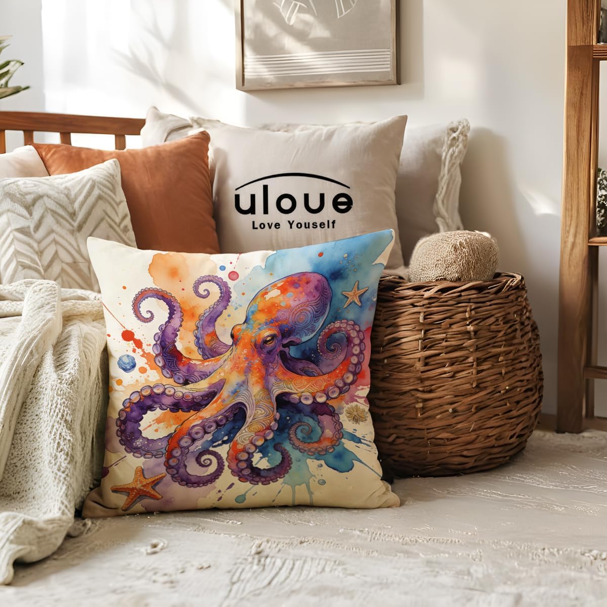 Marine Life Throw Pillow Case Turtle Octopus Seahorse Whale Decorative Pillowcases Coastal Ocean Cushion Covers 18 X 18 Inch,4Pack Nautical Pillow Covers for Summer Beach House Decor(Purple/Blue)