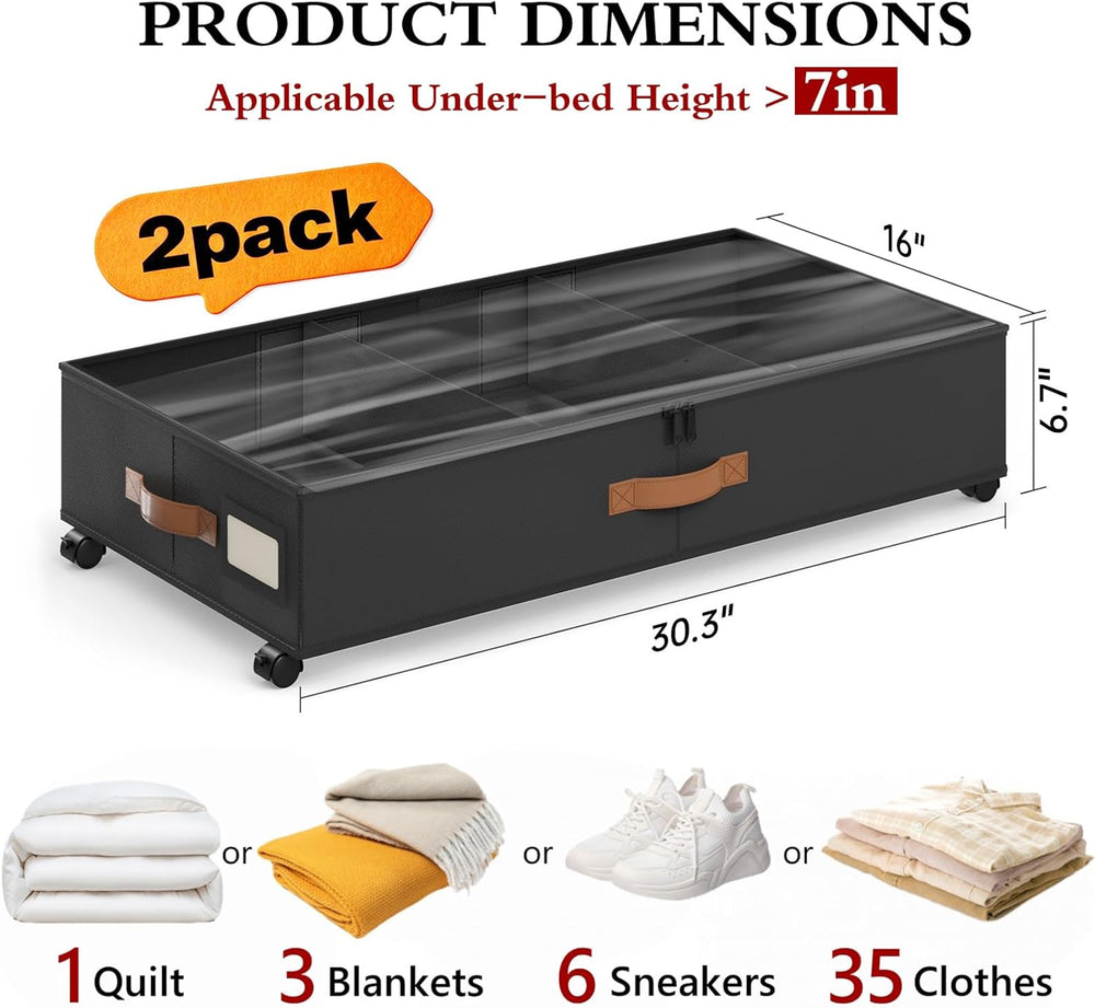 Yecaye Under Bed Storage with Wheels, 2 Pack Under Bed Storage Containers wit...