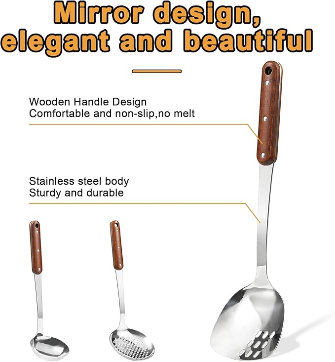 FJNATINH Stainless Steel Wok Spatula, Skimmer Ladle Tool Set, Mirror Polished - Image 2