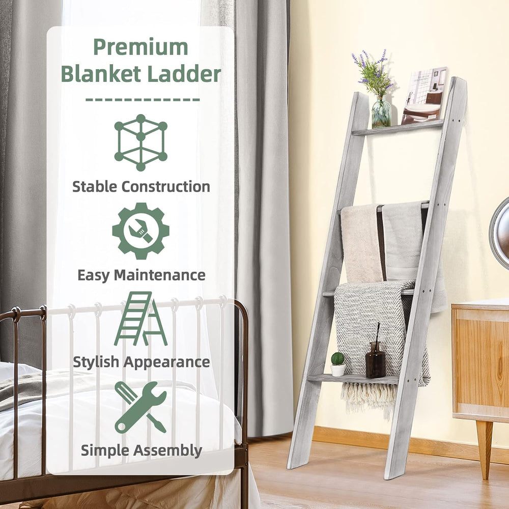 Tangkula 4-Tier Wooden Blanket Ladder, 4.5 ft Farmhouse Storage Rack, Wall Le...