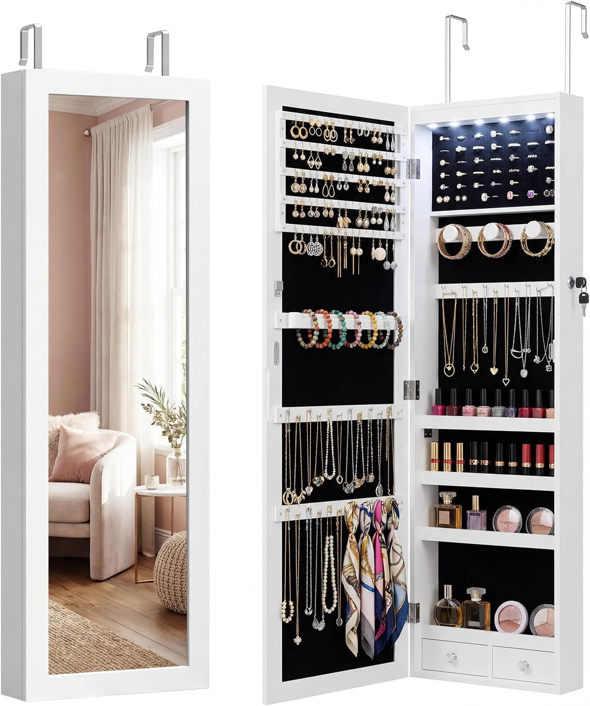 Antok 6 LEDs Jewelry Cabinet with Lock, 50" Full Length Mirror Wall Mounted or Over The Door Jewelry Organizer, Large Capacity Storage for Bedroom&Cloakroom&Entryway, Gift for Women, White