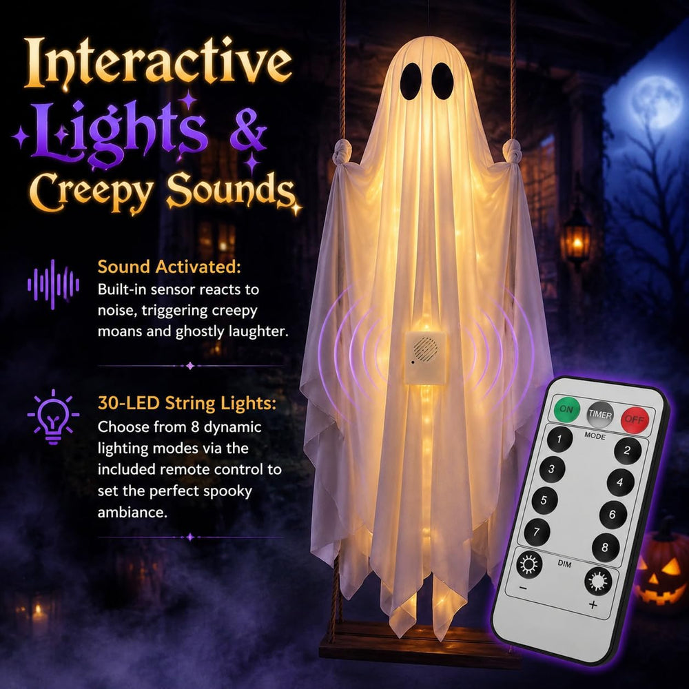 5FT Large Swinging Ghost Outdoor Halloween Decor - Light Up Hanging Ghost wit...