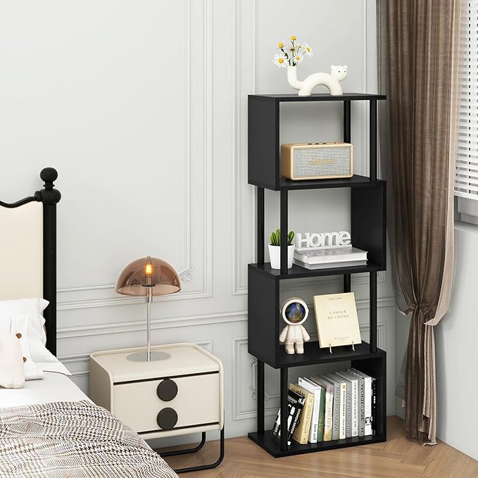 IBUYKE 5-Tier Tall Bookshelf,S-Shaped Geometric Bookcase, Wood Display Shelve...