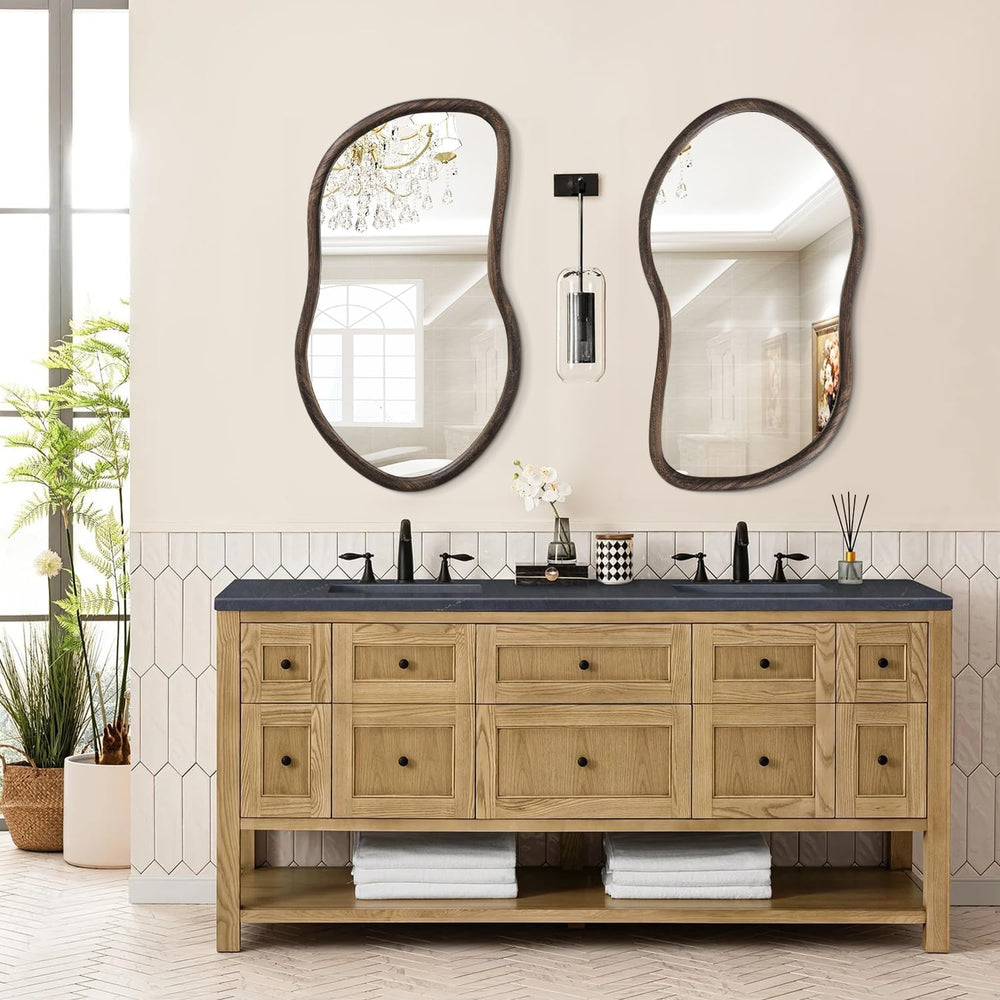 Asymmetrical Wall Mirror Rustic Brown Farmhouse Irregular Mirrors Wood Framed...