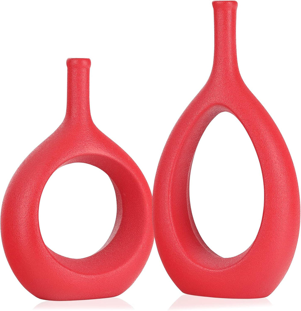 Red Ceramic Hollow Elliptical Vase Set of 2 - Boho Circle Vase with Hole, for...