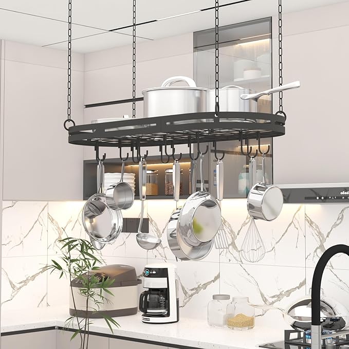 33” Hanging Pot Rack Ceiling Mount, Oval Pots and Pans Hanging Rack, Ceiling