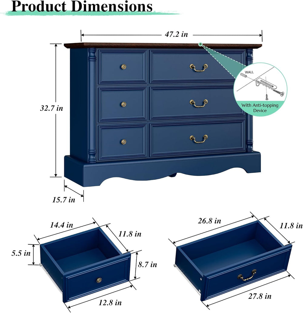 Gray Rustic 6 Drawer Wood Dresser with Charging Station