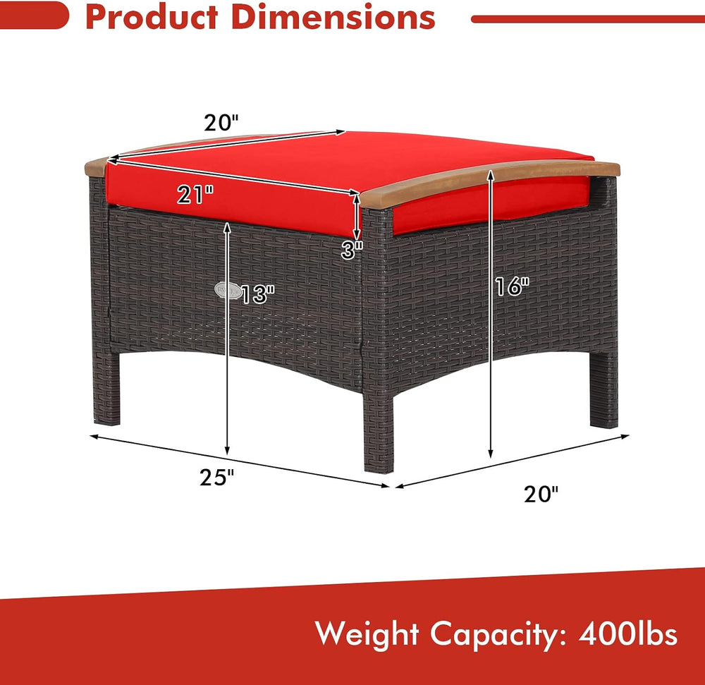 Tangkula 2 Piece Patio Rattan Ottomans, Outdoor Wicker Footstool w/Acacia Woo...