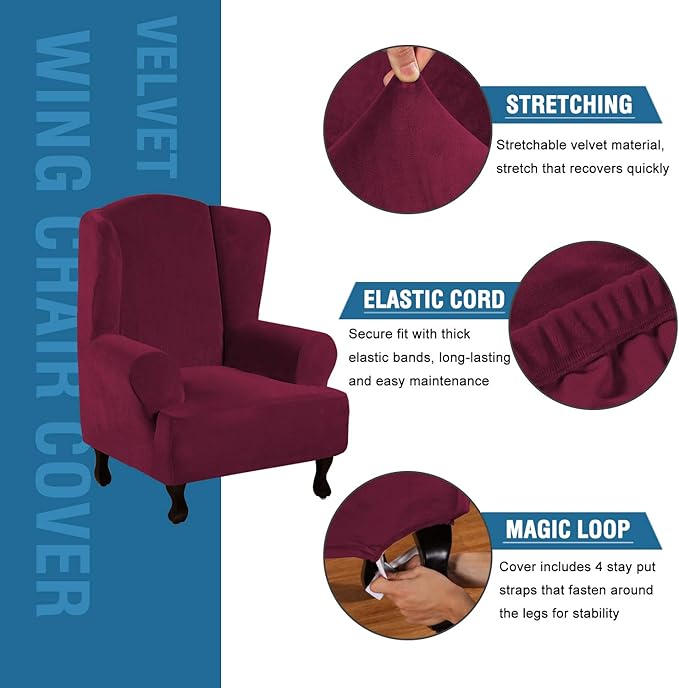 H.VERSAILTEX Wingback Chair Covers Velvet Plush Wing Chair Slipcover 1 Piece - Image 2
