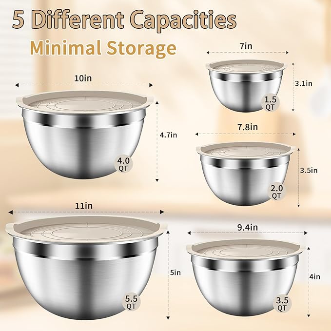 Mixing Bowls with Airtight Lids Set, Large Prep Metal Mixing Bowls - Image 2