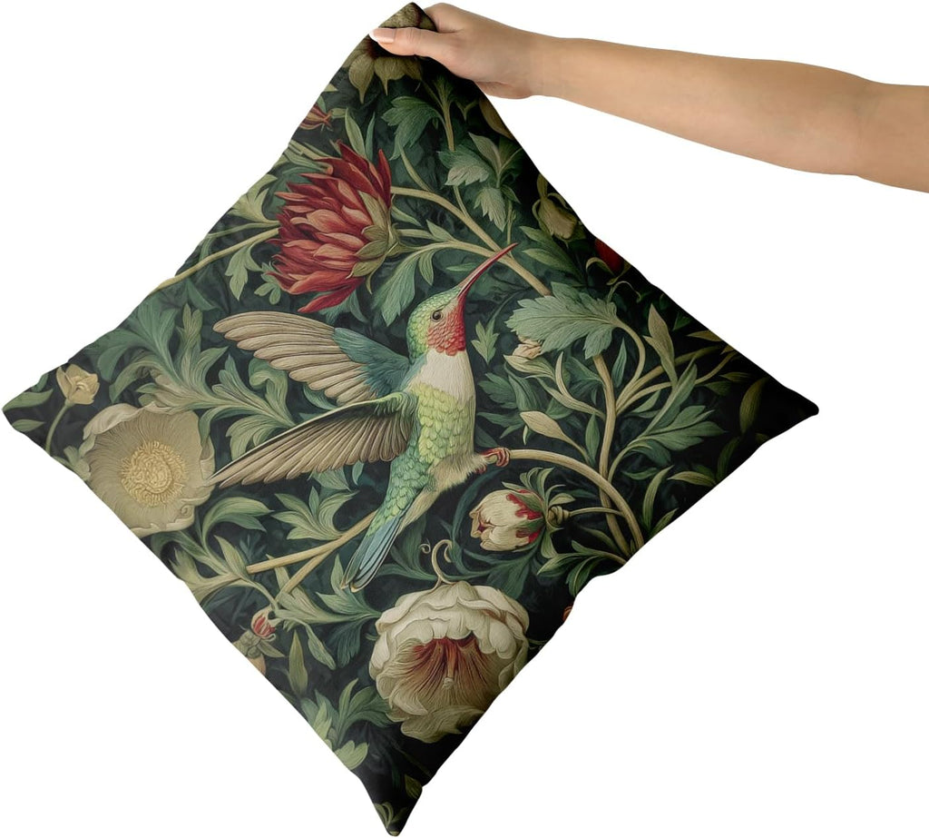 Giwawa Vintage Hummingbird Pillow Covers Set of 2, Rustic Green Bird Floral Pillow Cases 20x20in, Boho Flower Botanical Cotton Throw Cushion Covers for Sofa Couch Patio Seasonal Decoration