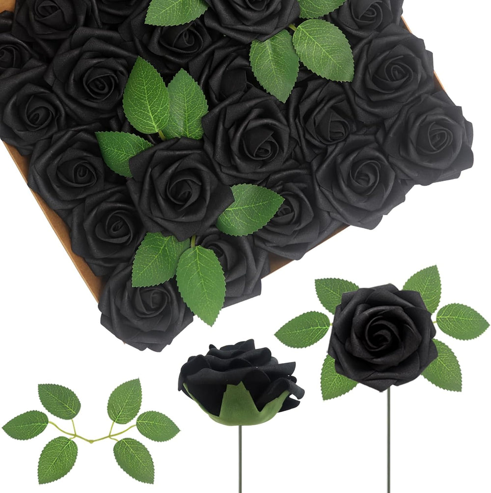 100PCS Black Realistic Roses - Artificial Latex Foam Flowers with Bendable St...