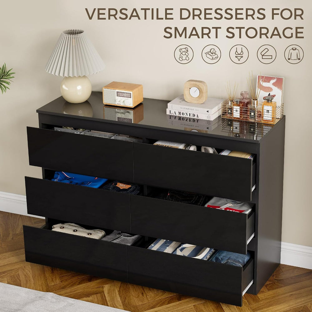 6 Drawer Dresser for Bedroom, 47" Wide Black Wood Chest for Storage
