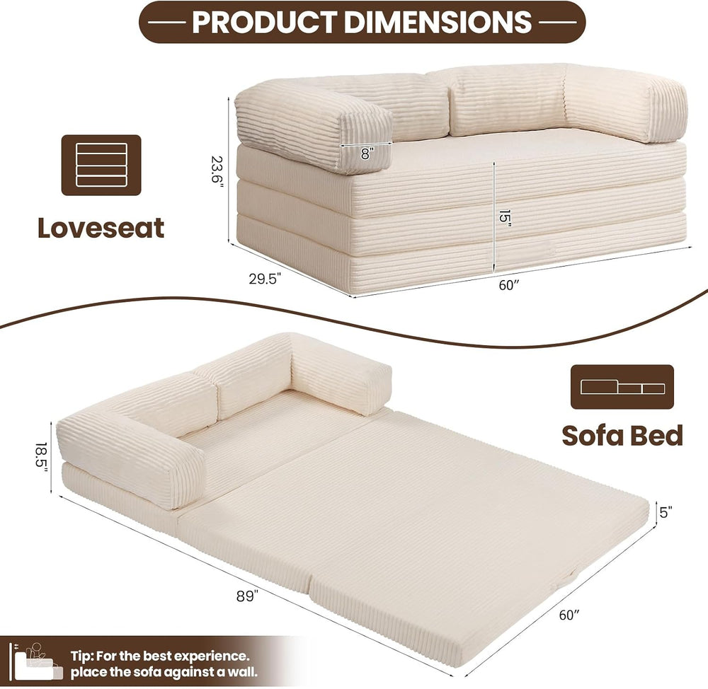 5-in-1 Convertible Sofa Bed,60" Boneless Couch with Pull Out Bed,Tri-Fol...