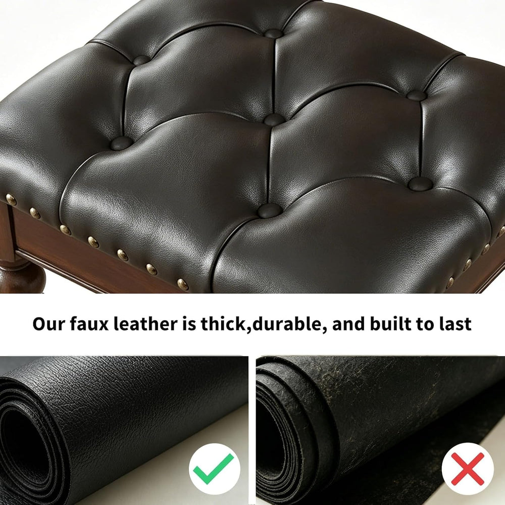 Black Faux Leather Vanity Stool, Backless, Victorian Style | Small Tufted Ben...