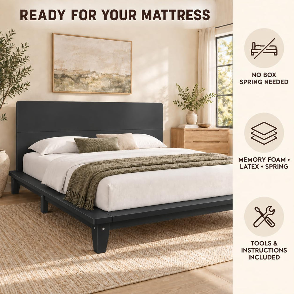 King Size Japanese Wooden Bed Frame with Black Headboard