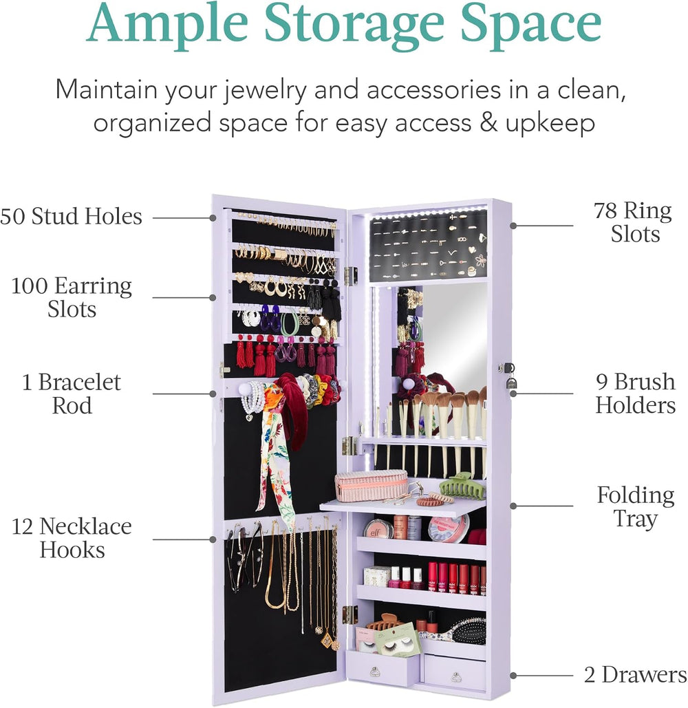 Best Choice Products LED Mirror Jewelry Cabinet, Tall Lockable Wall or Door M...