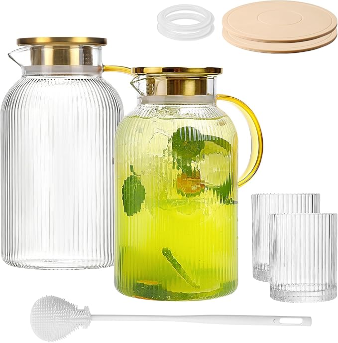 2 Pack Glass Pitchers with Lid and 2 Cups, 68oz/ 2 Liter Glass Water Pitcher by Moretoes