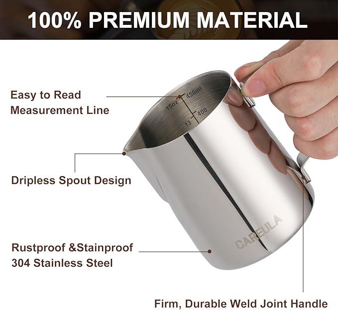 Milk Frothing Pitcher, 15oz Stainless Steel Milk Frother Cup Steaming Pitcher - Image 3