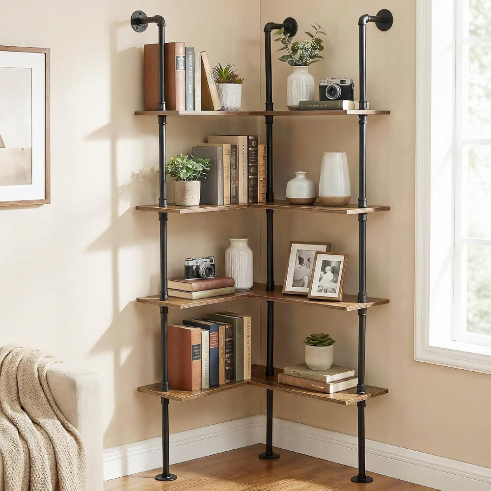 Industrial Pipe Corner Bookshelf, Wall Ladder Shelves/Shelving/Bookcase | 4 T...